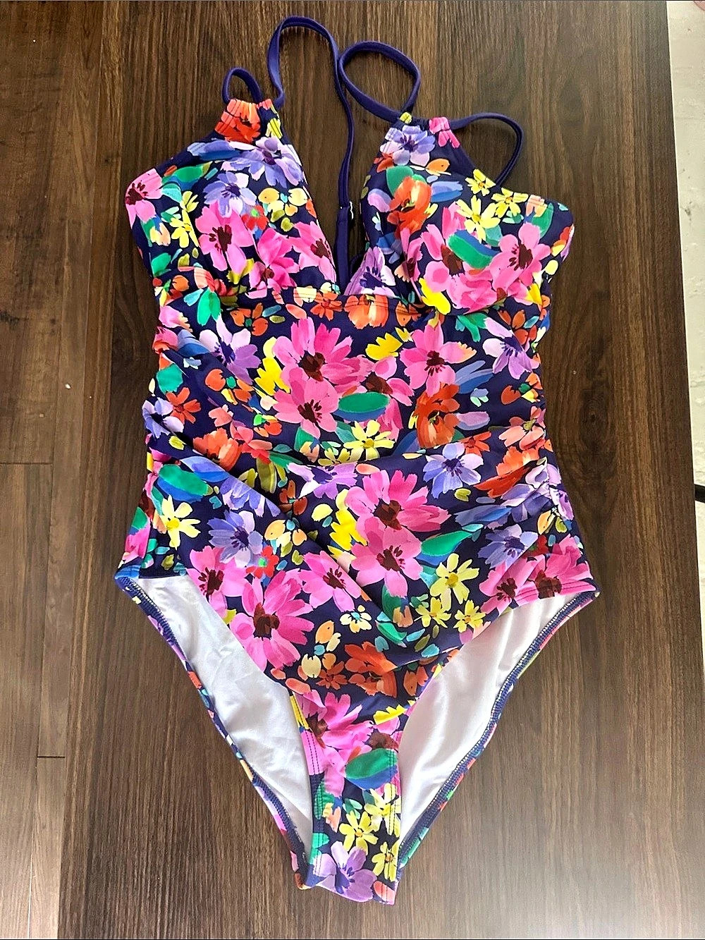 Cupshe Ditsy & Petals Back O-Ring One-Piece Purple & Pink Large